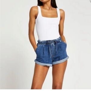 River Island Belted Roll Cuff Denim Mom Shorts